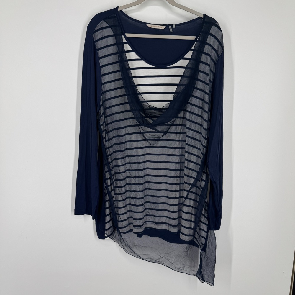 SOFT SURROUNDINGS 2X Silk Overlay Blouse Striped Navy White Tunic Top